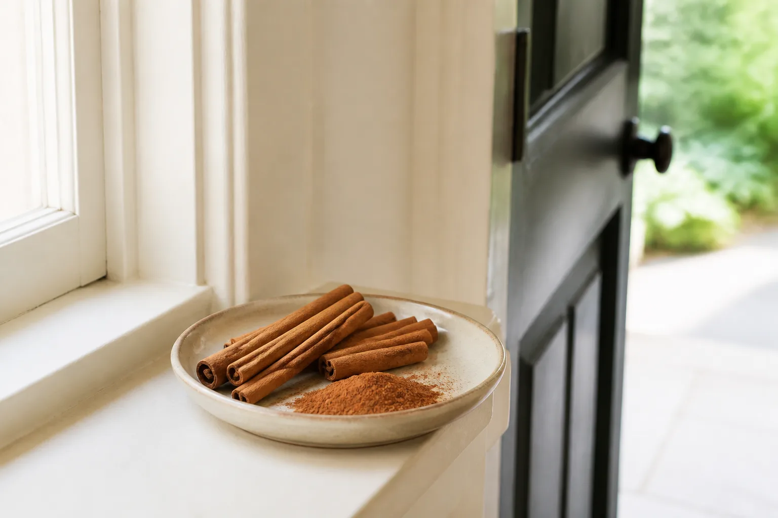 Whole cinnamon sticks in a small dish near a doorway