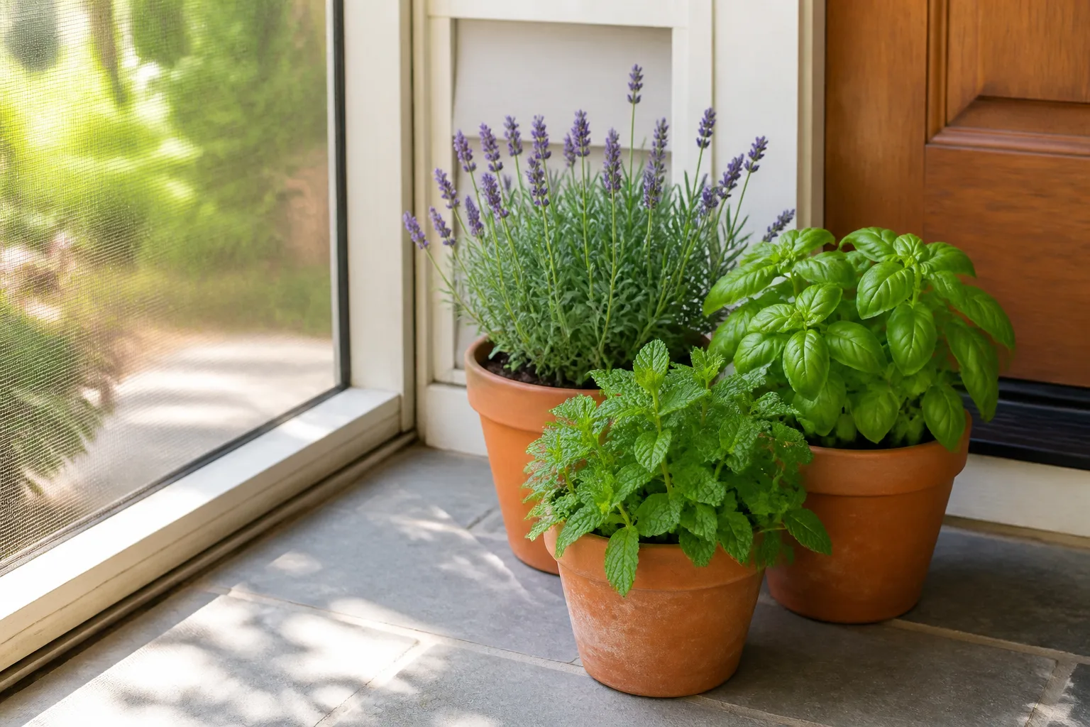 Potted fragrant herbs placed beside a home entryway door and screened window