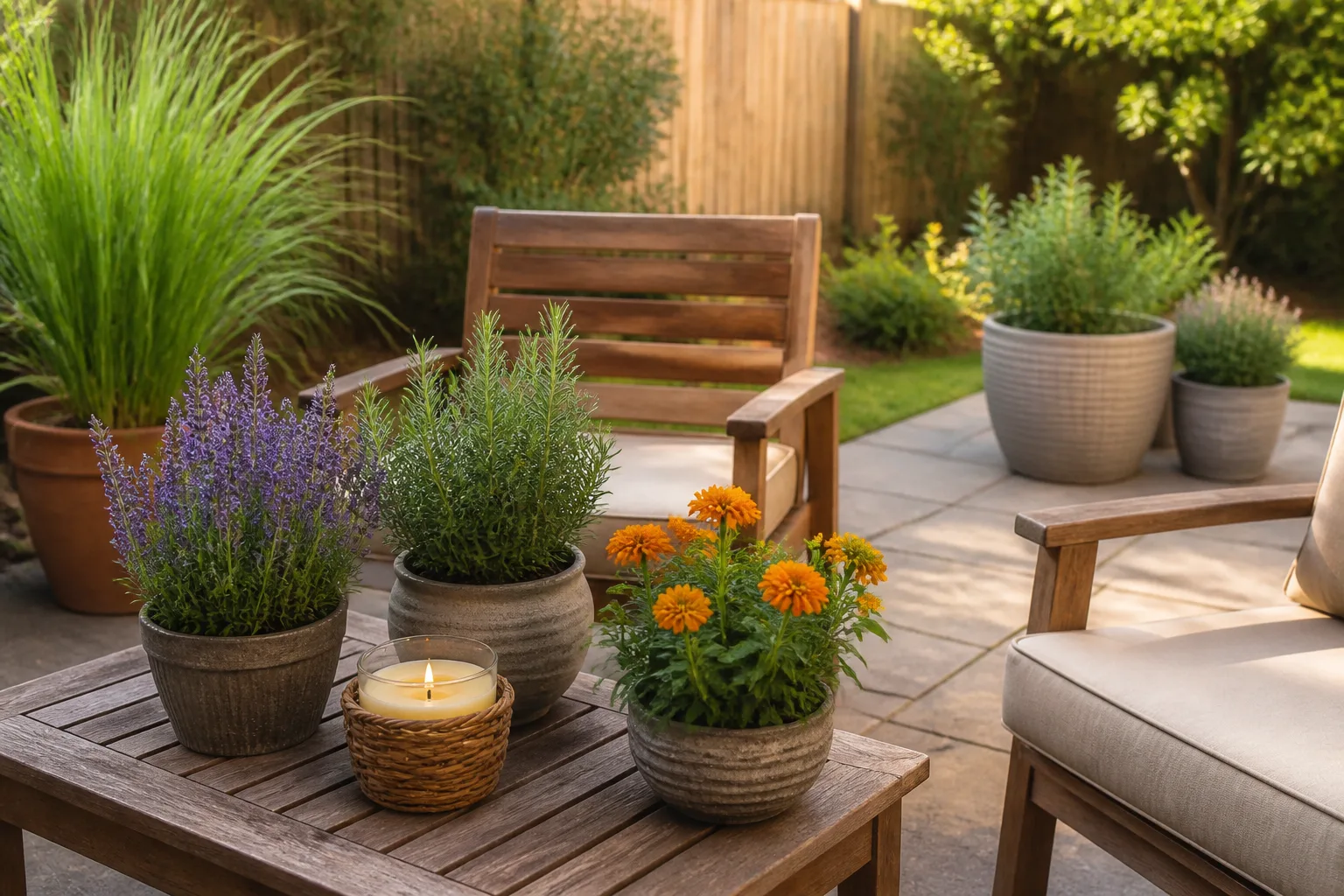 Outdoor patio seating with potted aromatic plants and a fan