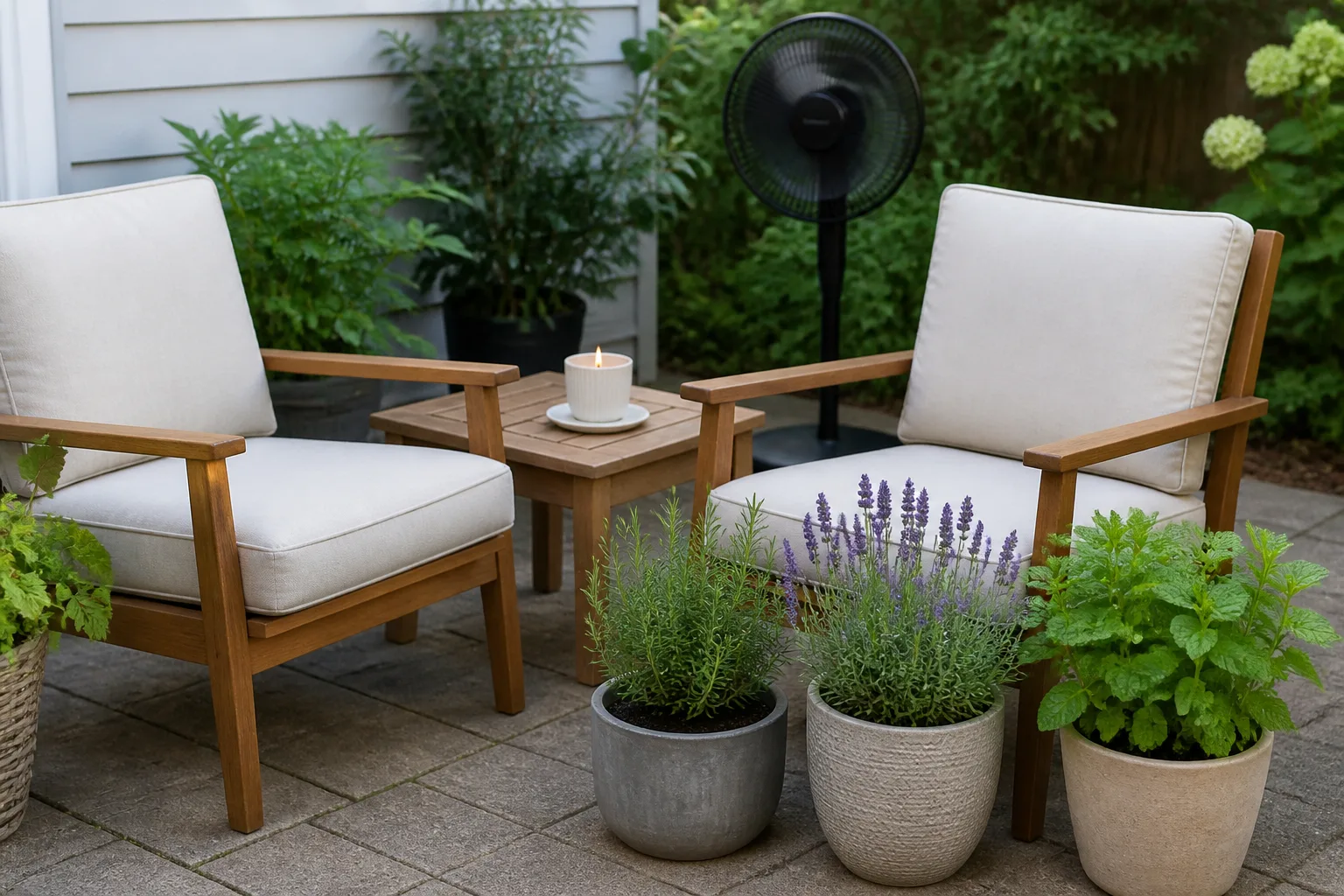 Patio seating with a small citronella candle, fan, lavender, rosemary, and mint in pots