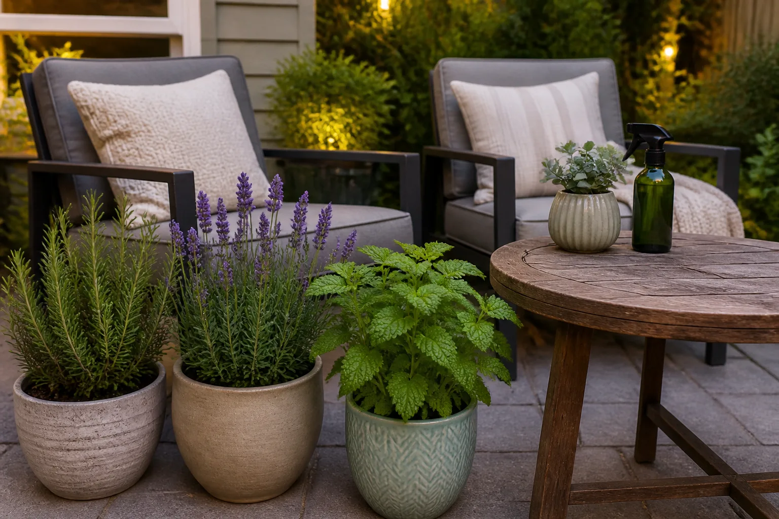 Potted aromatic herbs beside outdoor seating and a patio table