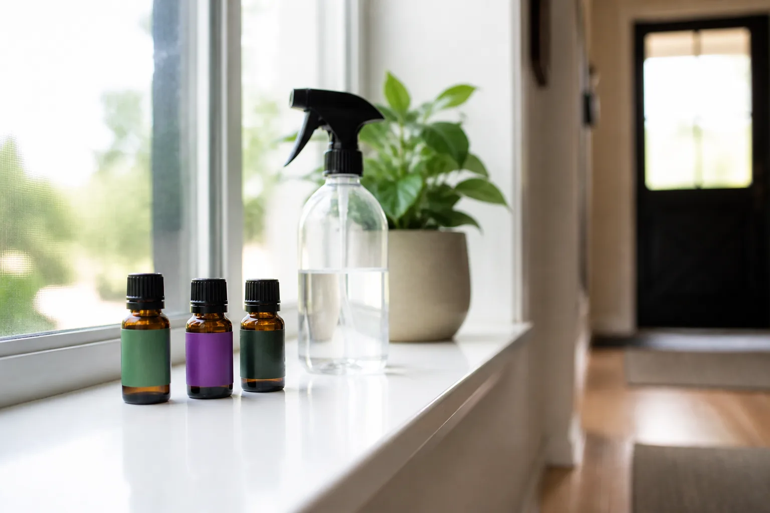 Essential oil bottles and a spray bottle on an interior window sill near a home entry