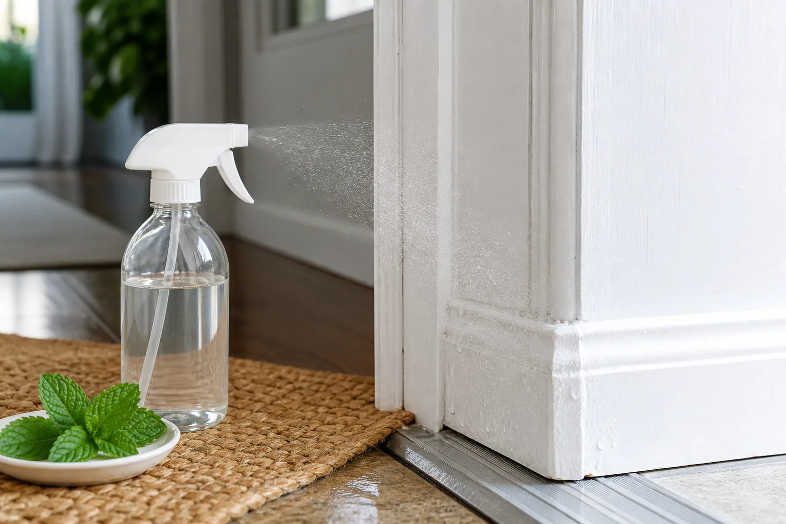 Spray bottle misting a home entry door frame with peppermint deterrent