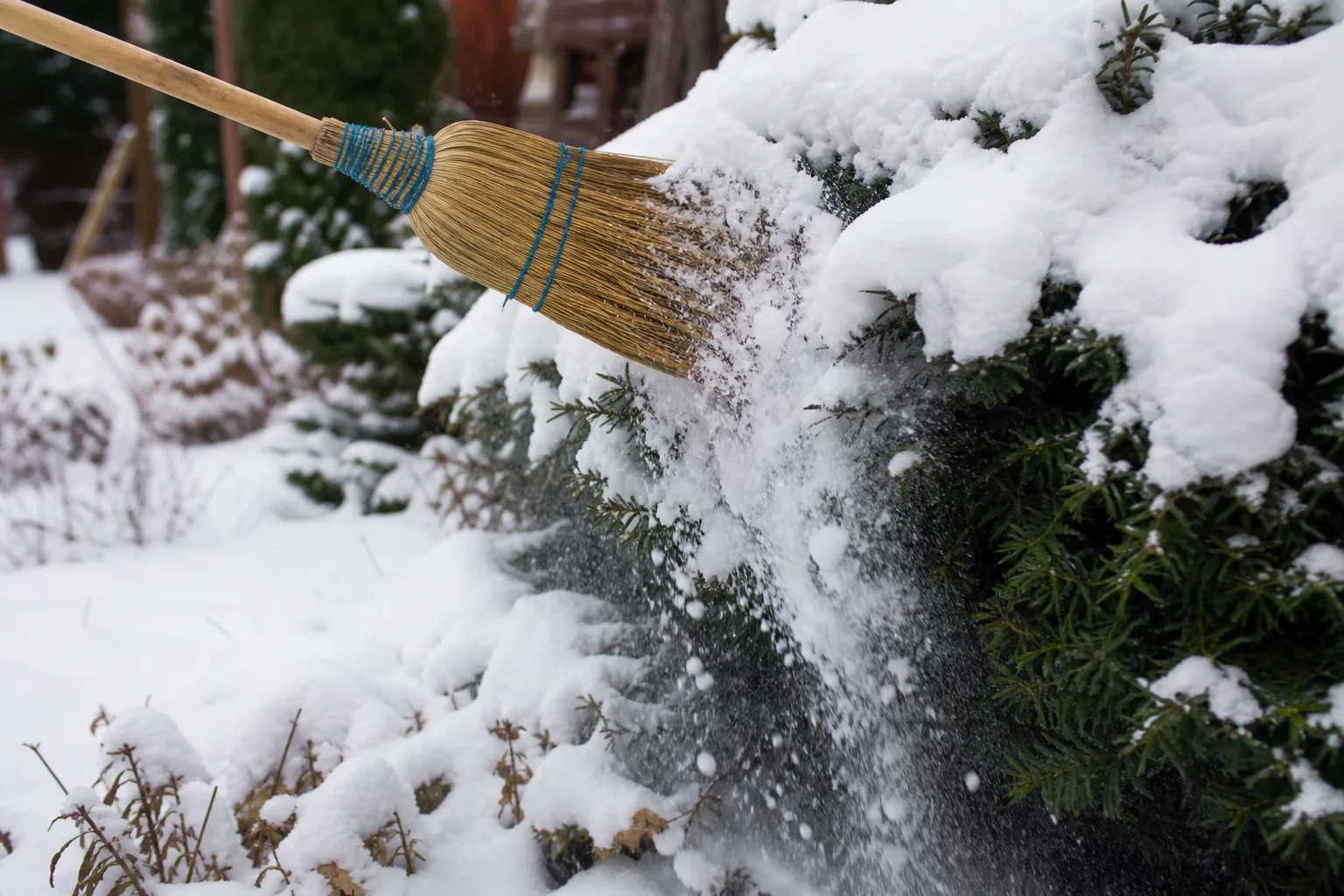 Soft broom sweeping loose snow upward from low evergreen shrub branches in a winter yard