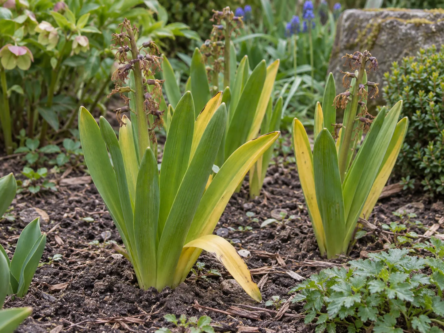 Hyacinth leaves left attached as foliage gradually yellows after blooming