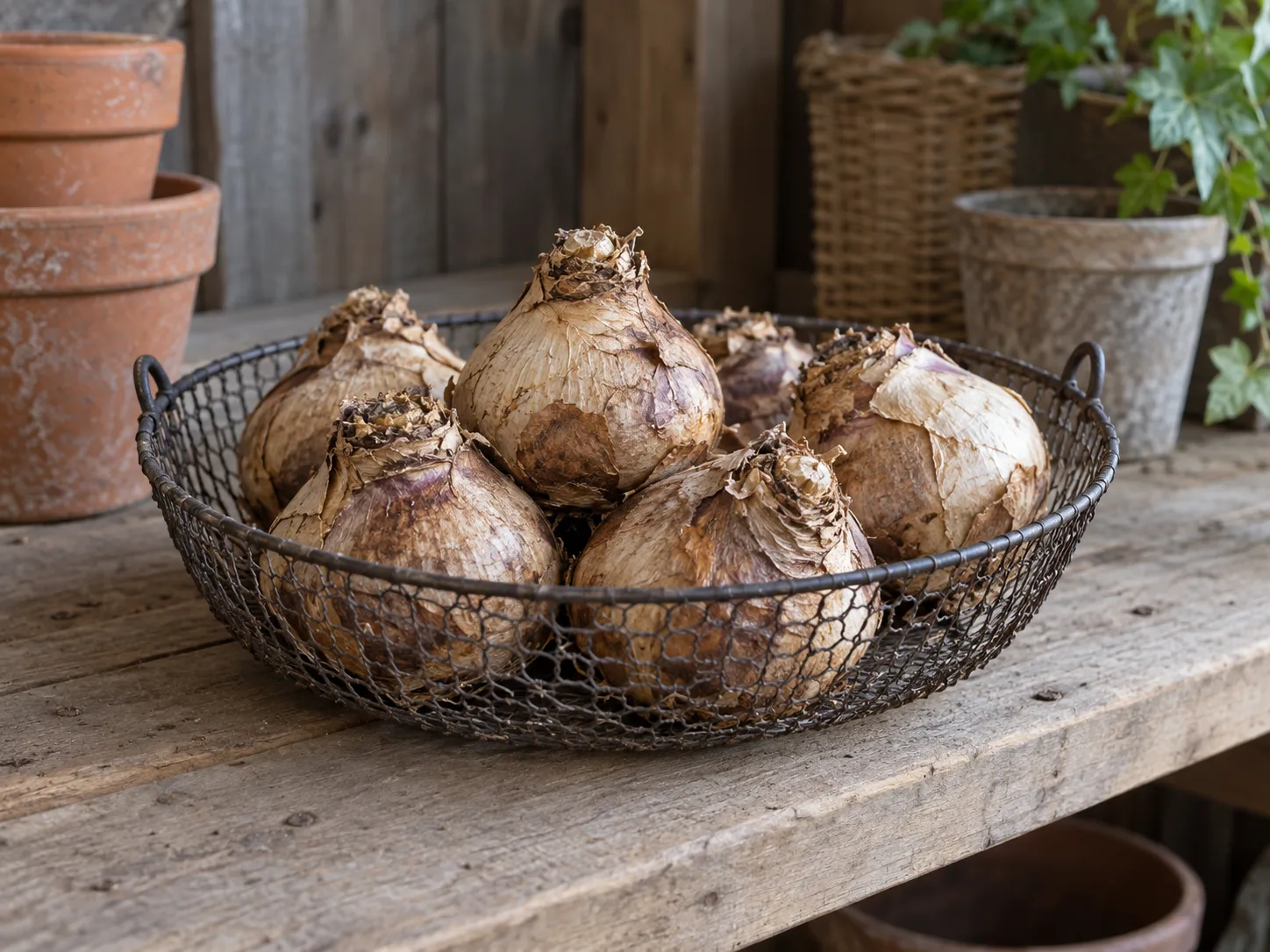 Firm, dormant hyacinth bulbs kept in a breathable mesh basket in a cool, shaded shed