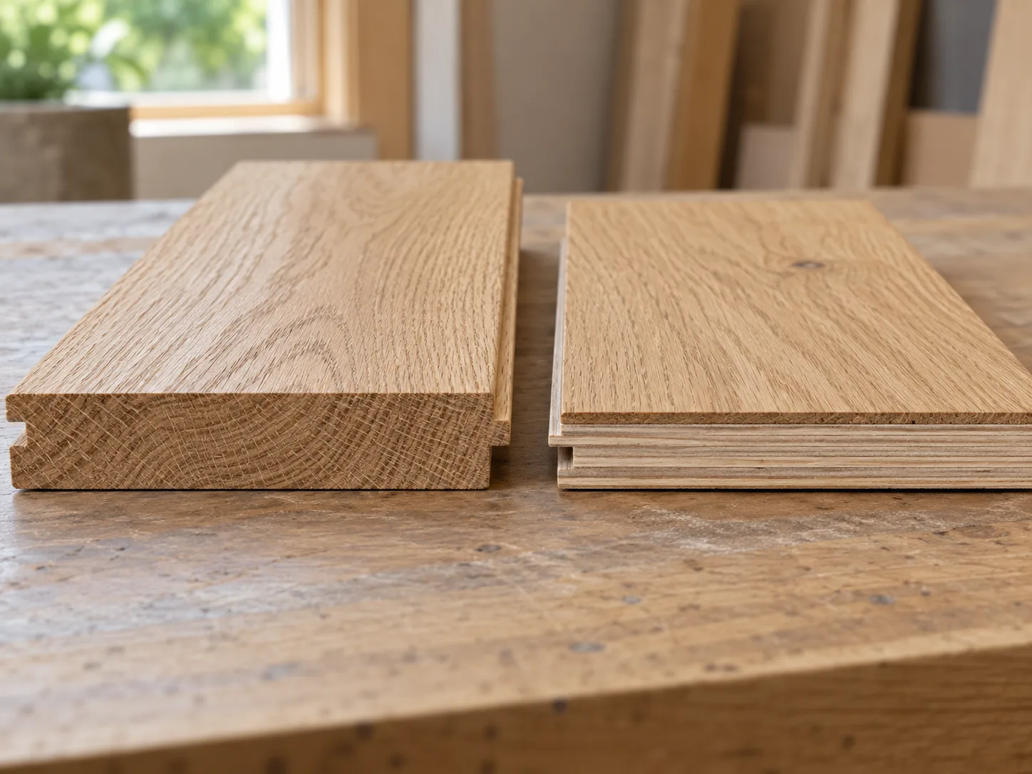 A solid white oak plank and an engineered white oak board show their different cross-sections.
