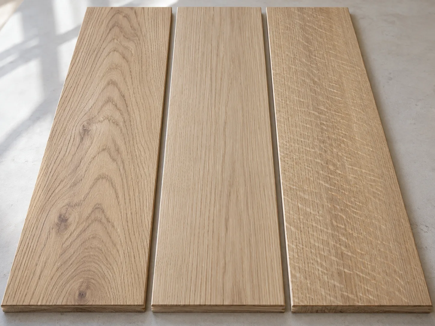 Three white oak floor samples show distinct grain patterns and natural color variation.