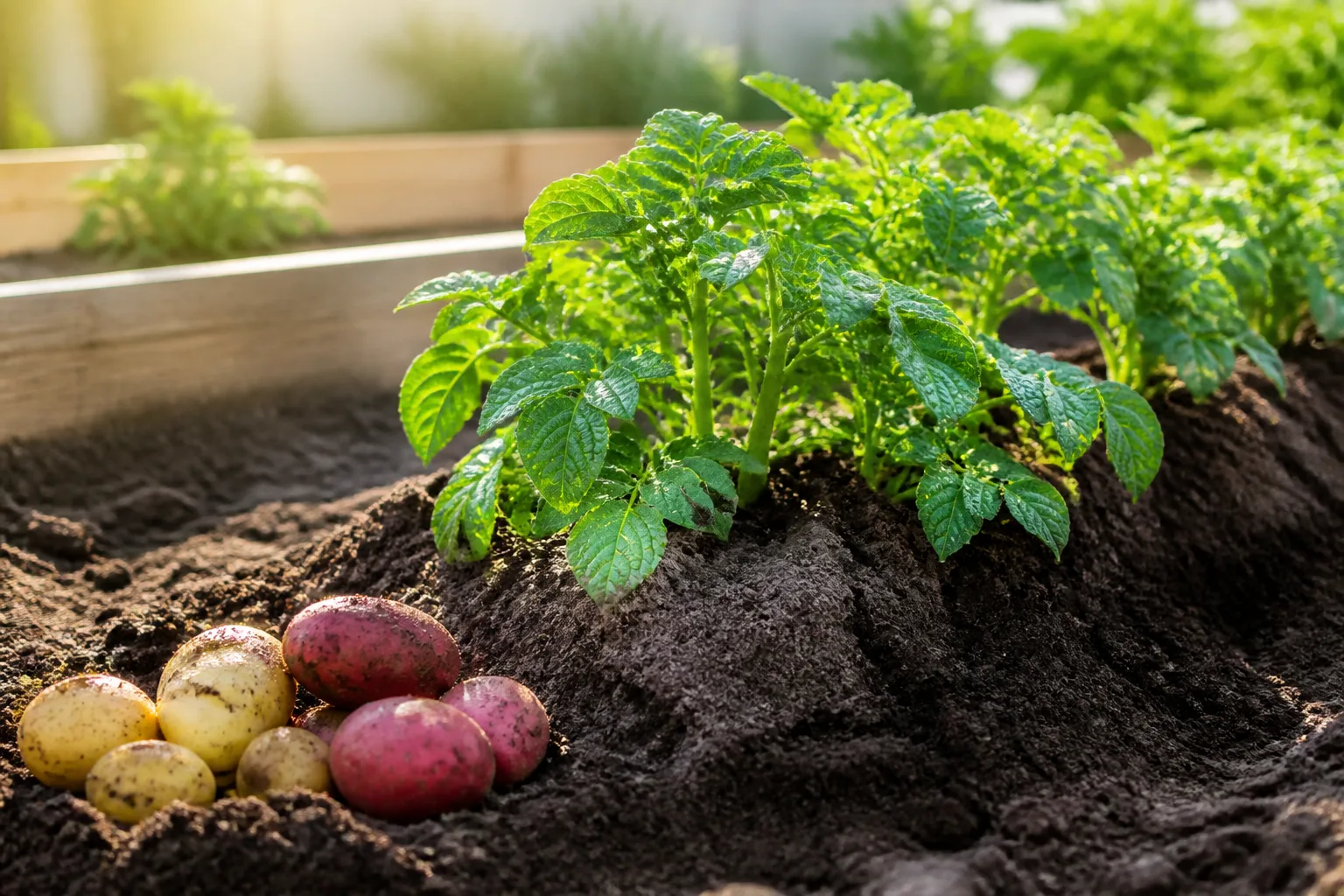 Mature potato plants growing in hilled soil rows in a sunny home vegetable garden