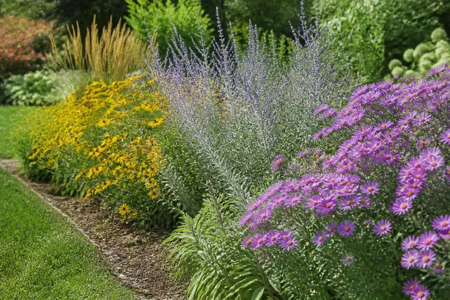Sunny perennial border with asters, Russian sage, and coreopsis