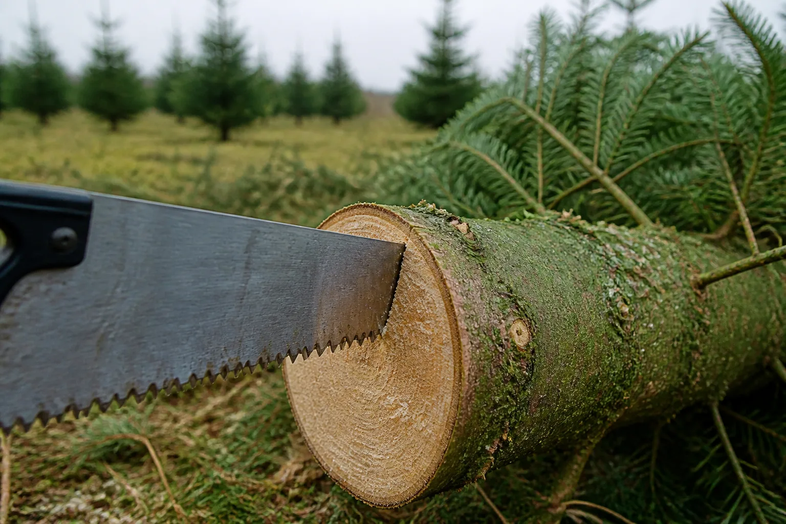 Straight perpendicular saw cut on the base of a fresh Christmas tree trunk at a tree farm