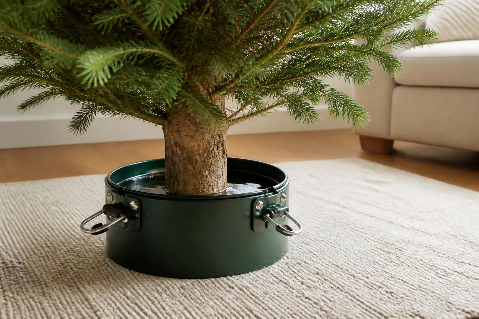 Fresh-cut Christmas tree trunk seated in a water-filled metal tree stand in a living room