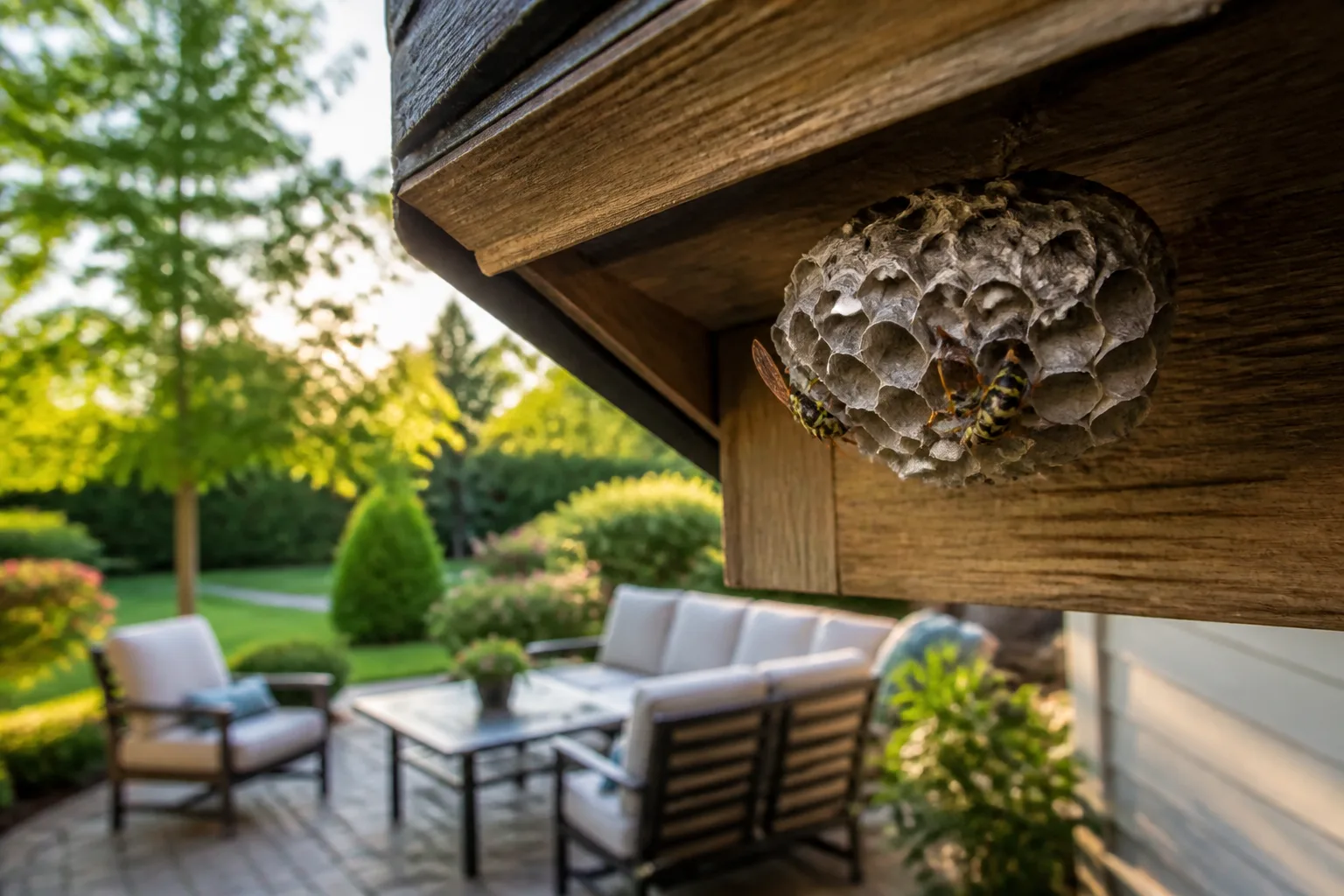 Paper wasp nest under a wooden deck railing on a suburban patio at golden hour