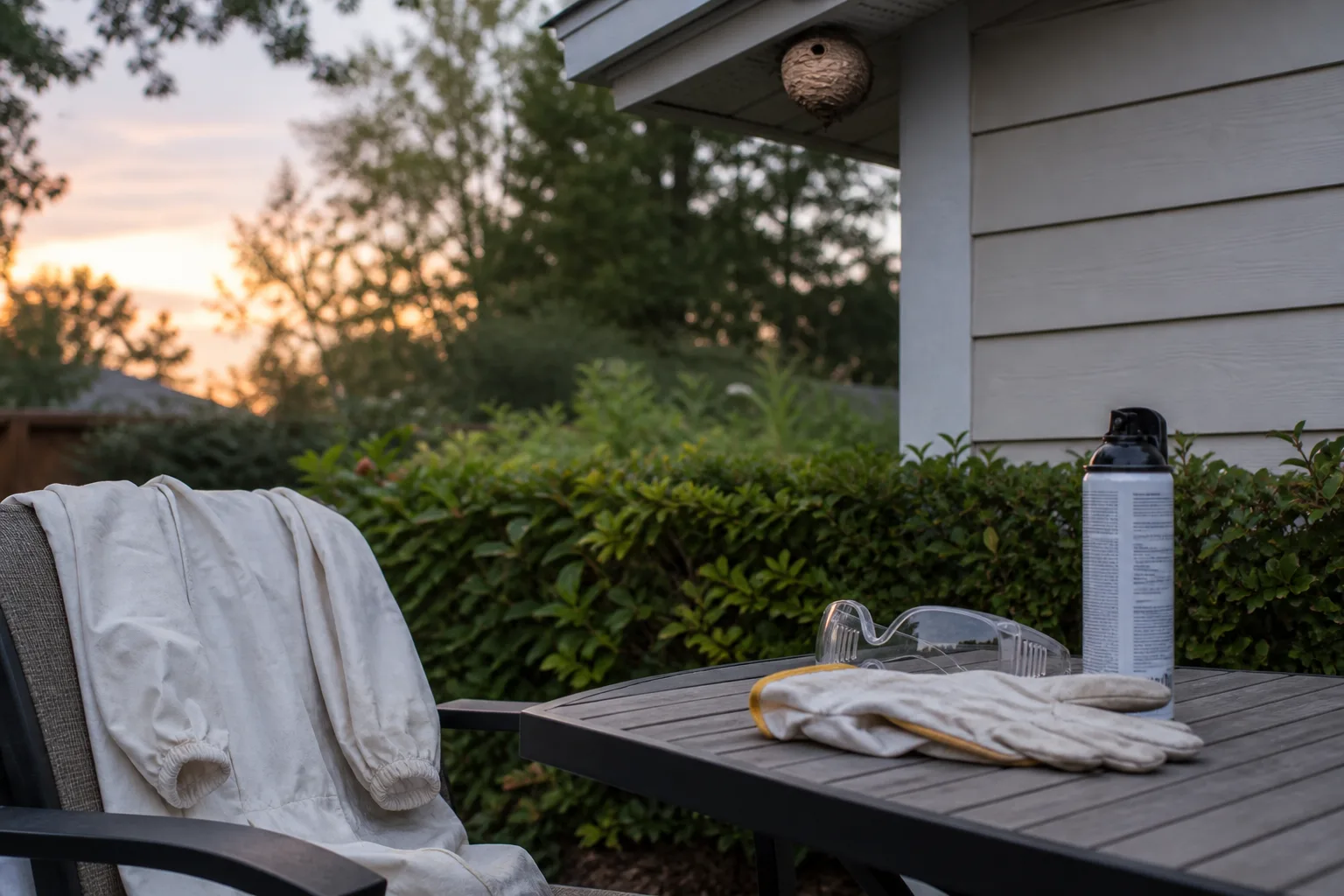 Protective gloves, goggles, and wasp spray can laid out on a patio chair at dusk before nest treatment