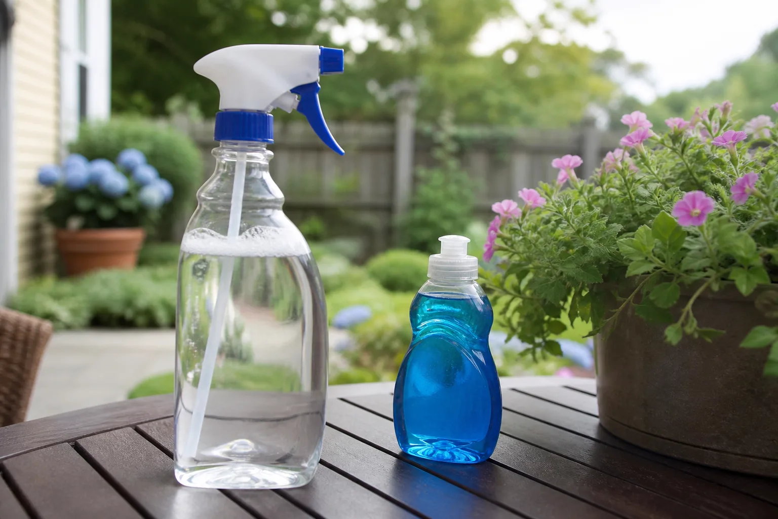 Handheld spray bottle aimed at a small open paper wasp nest under a porch eave at dusk