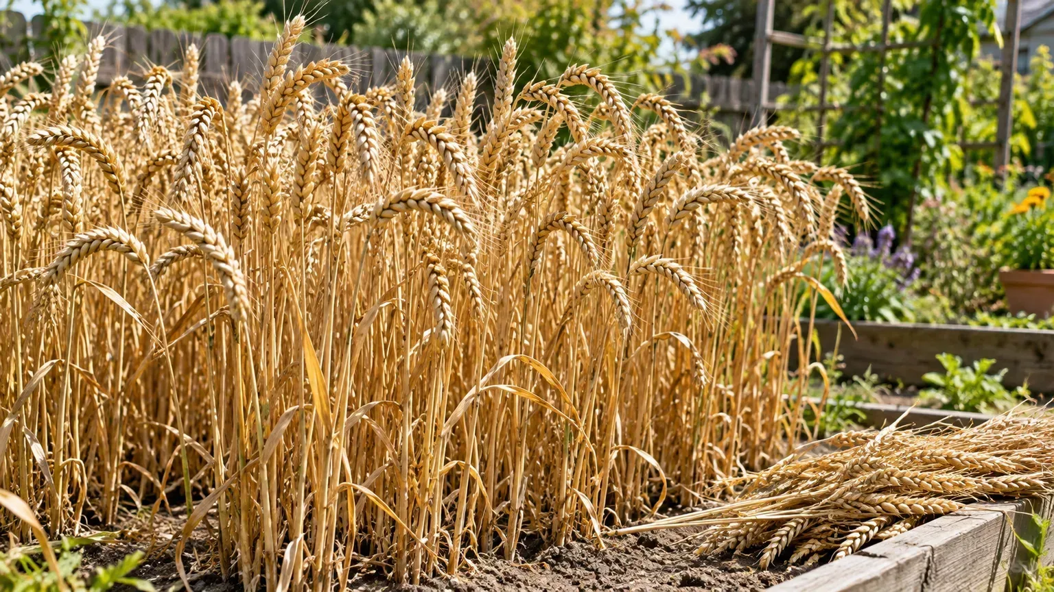 Golden wheat heads in a small garden plot at maturity