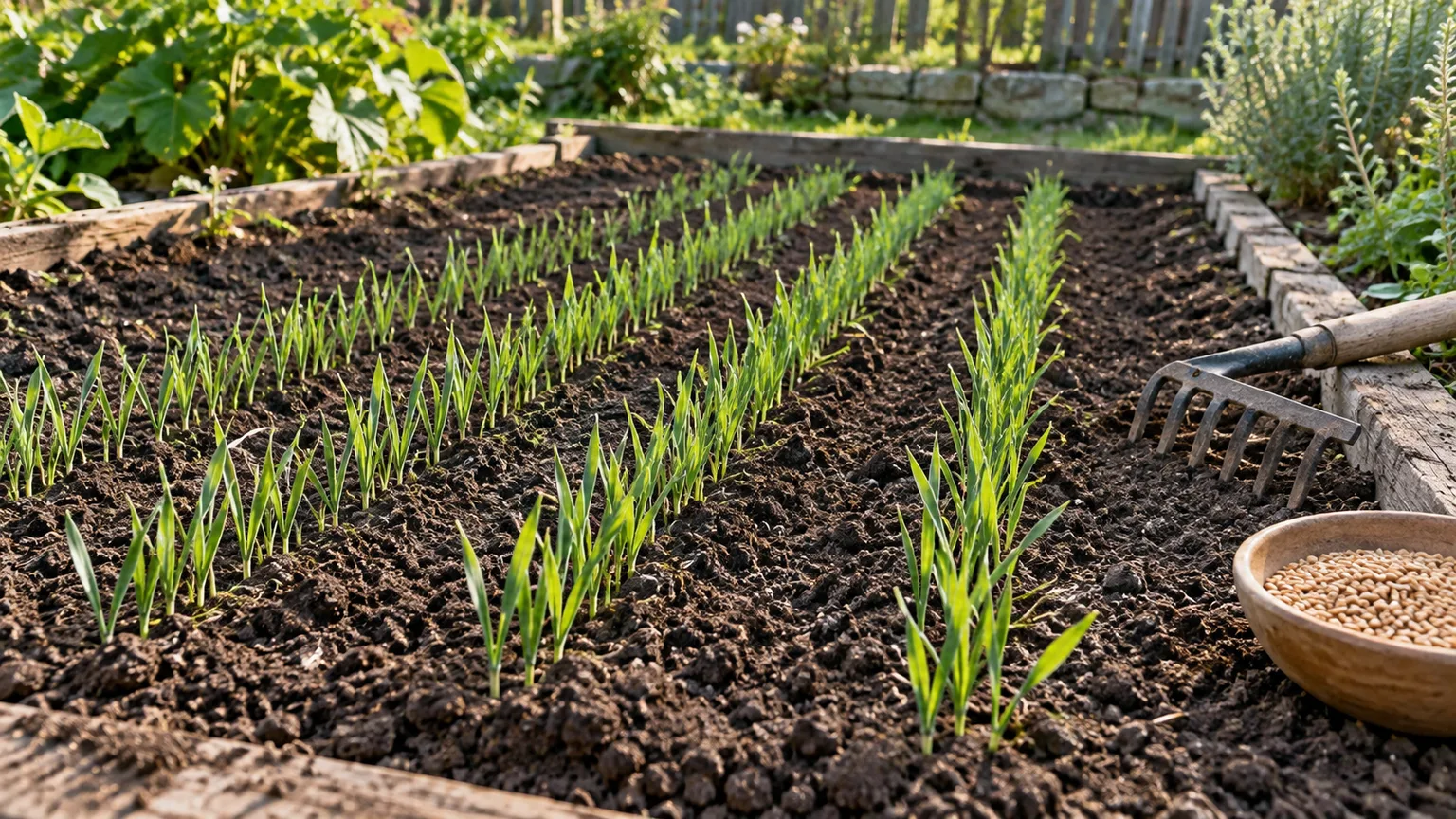 Young wheat seedlings emerging in neat rows across a small garden bed