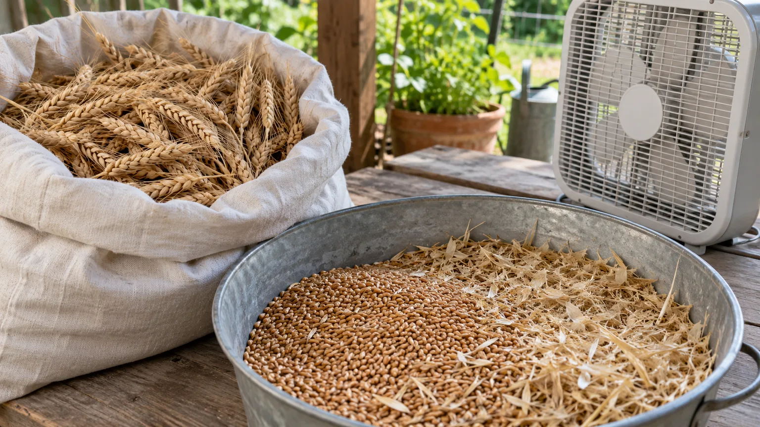 Dry wheat heads, kernels, chaff, and a small fan arranged for hand winnowing