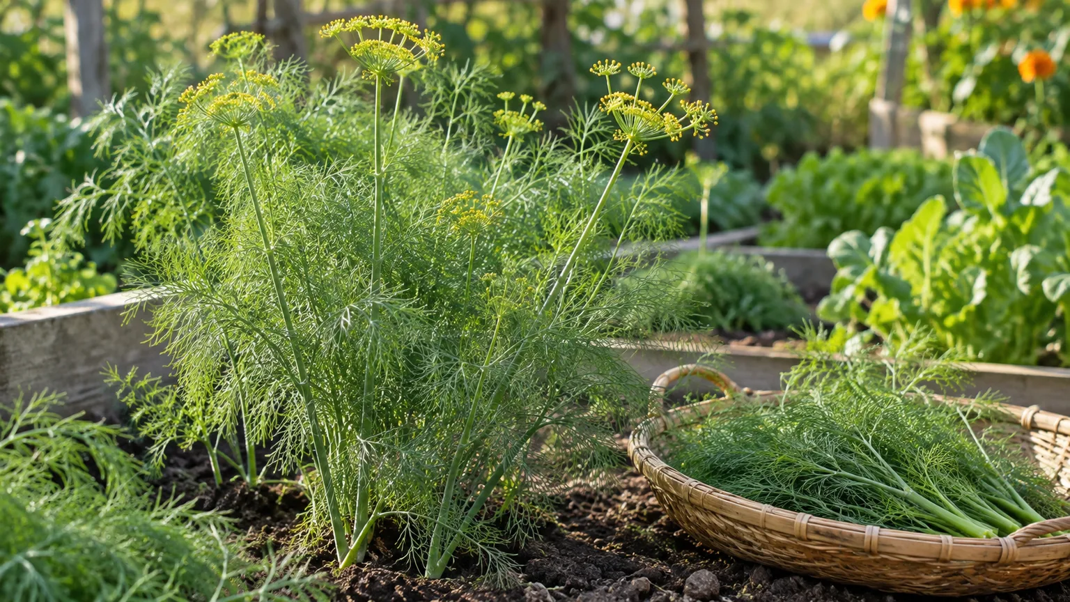 Dill plants with feathery fronds and yellow umbels beside a basket of fresh sprigs
