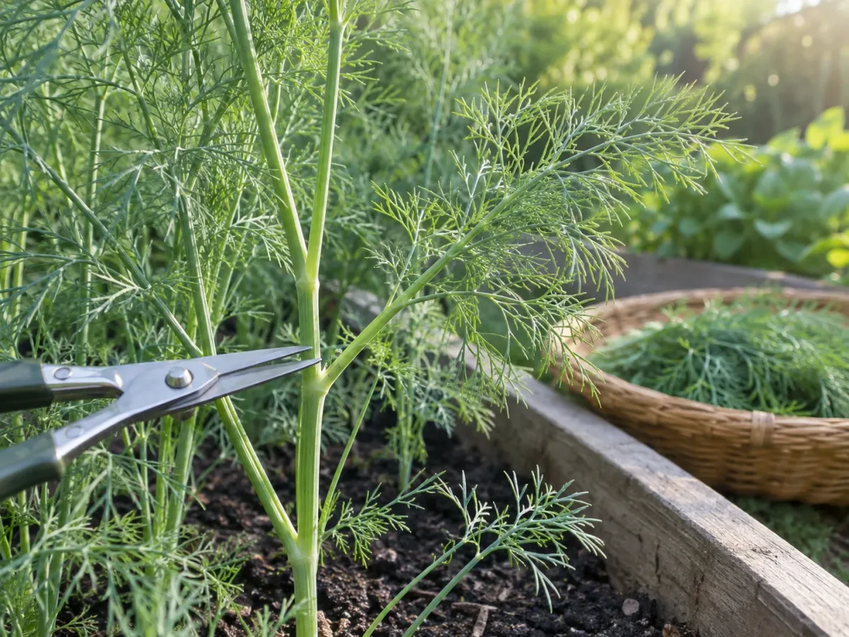 Small garden snips positioned above a dill side-shoot junction for a clean leaf harvest