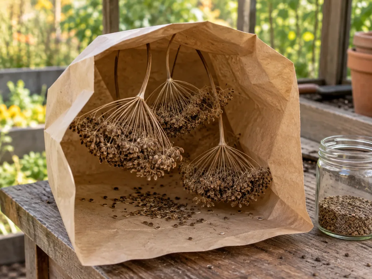 Mature brown dill seed heads drying in a paper bag for collection and storage