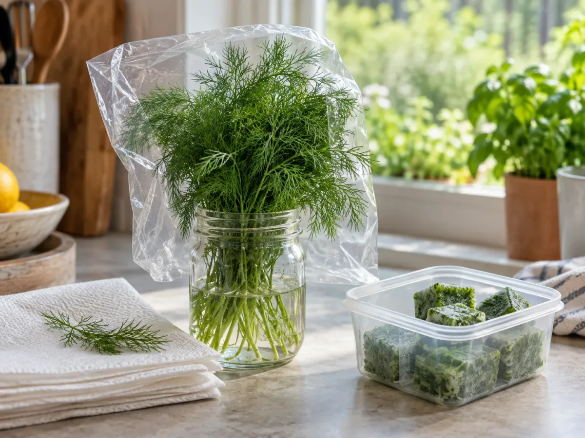 Fresh dill sprigs stored upright in water beside a small container of frozen dill portions