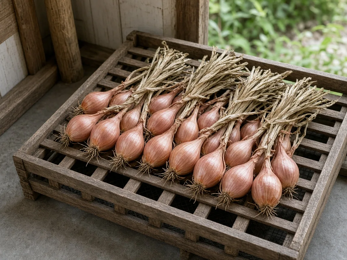 Cured shallots arranged in a single layer on a slatted tray