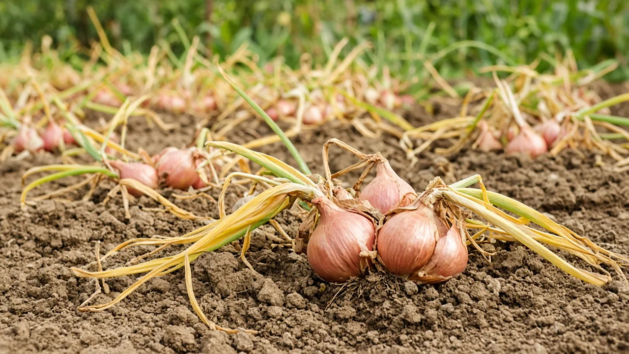 Mature shallots with yellowing tops ready to lift for harvest and curing