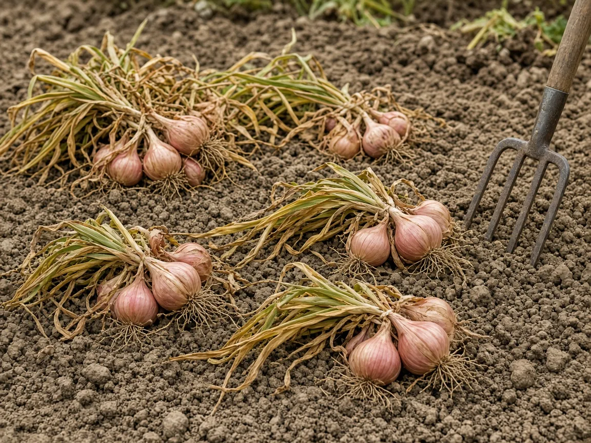 Shallot clumps gently lifted from the soil with a hand fork nearby