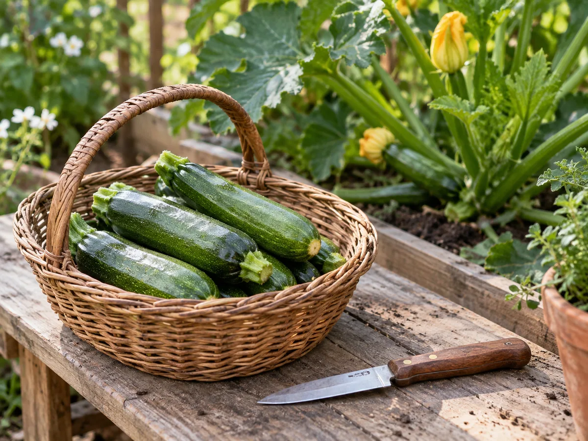 A cleanly harvested zucchini with a short stem on a garden basket beside a small knife