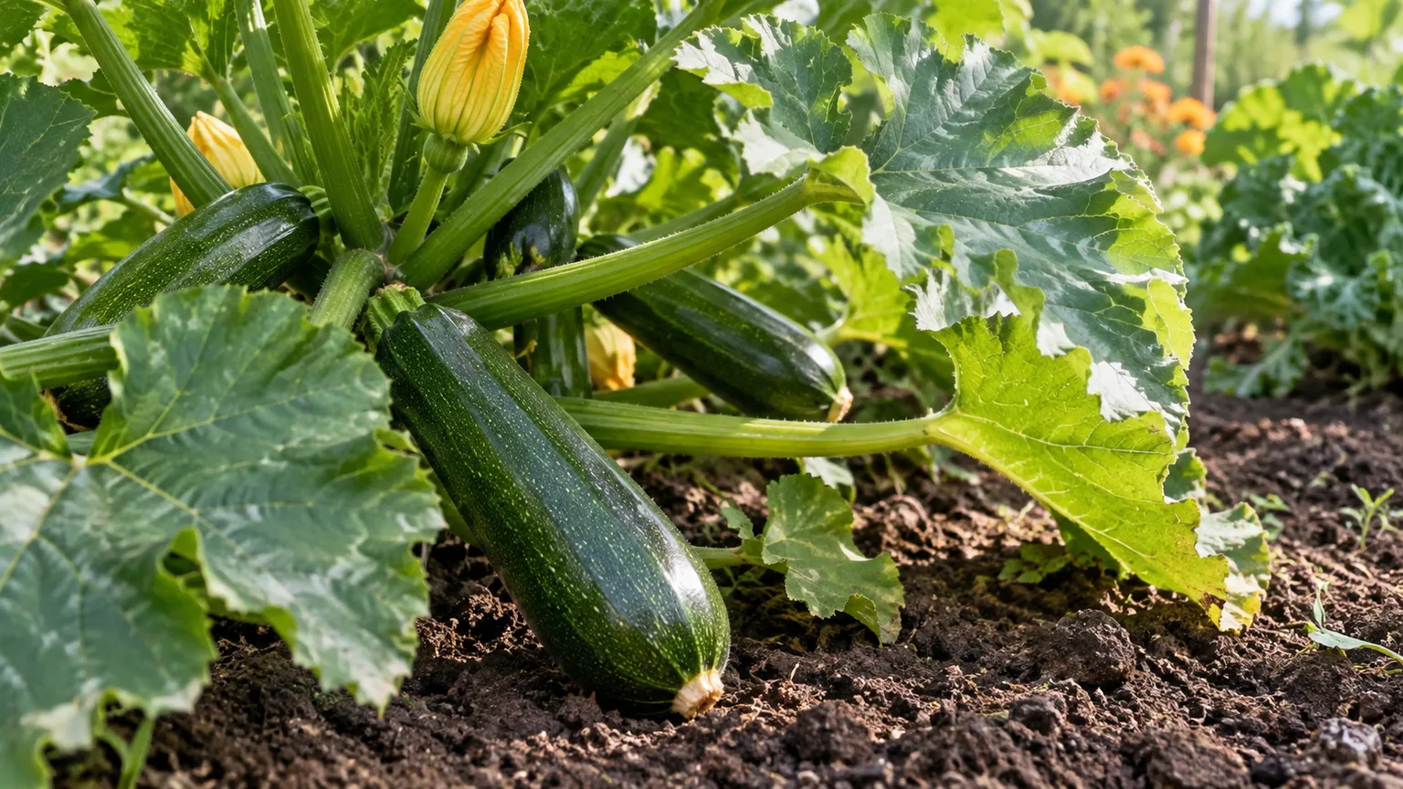 Young harvest-ready zucchini growing beneath broad leaves in a sunny garden