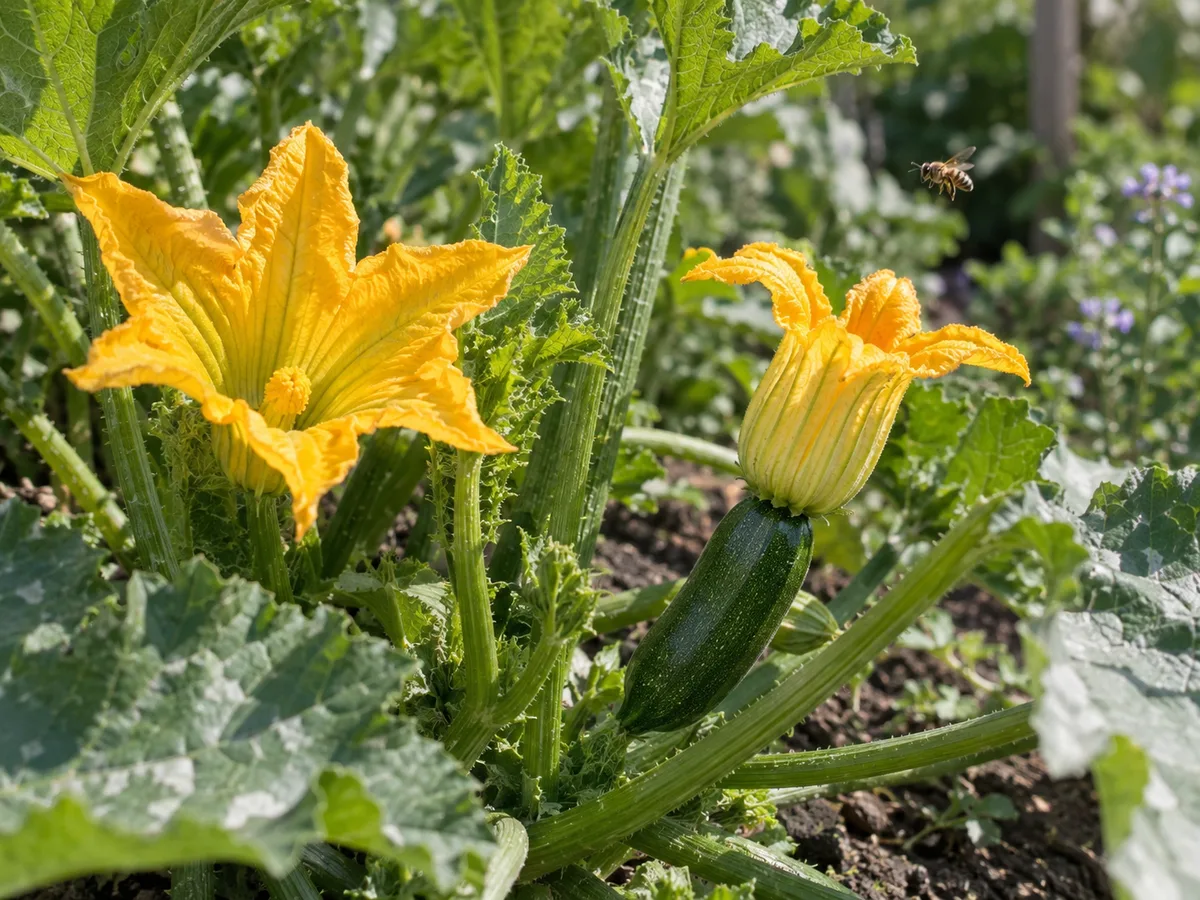 Open male and female zucchini flowers among broad leaves in a sunny garden bed