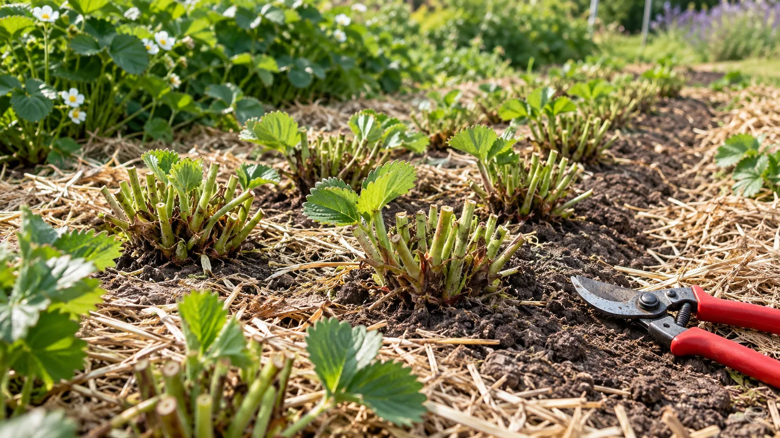 June-bearing strawberry crowns and fresh regrowth after a crown-safe renovation cut