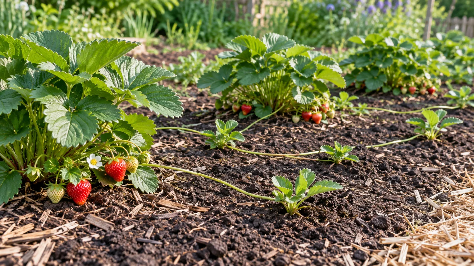 Healthy strawberry runners guided between plants in a spaced outdoor bed