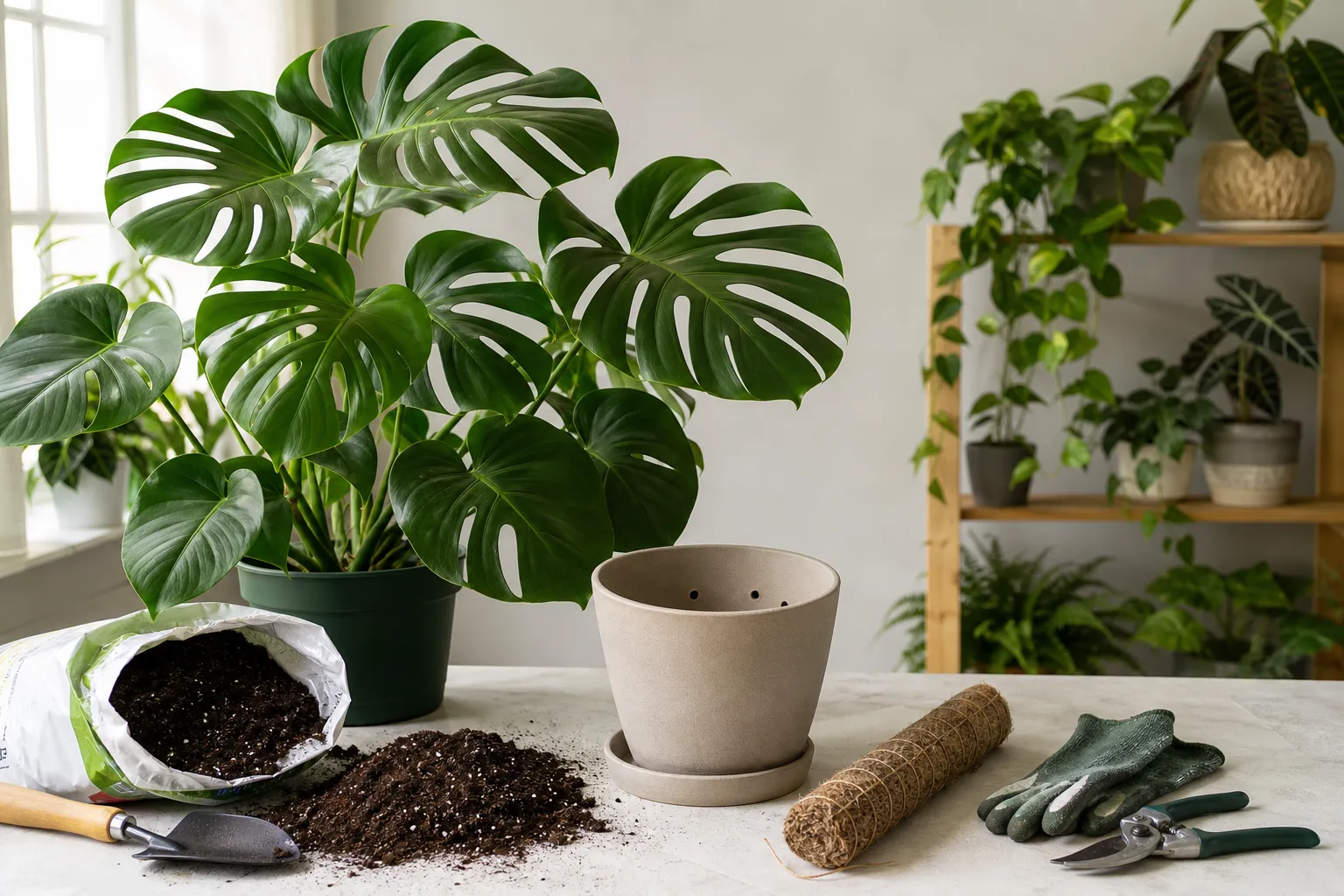 Monstera deliciosa on a repotting table with fresh aroid mix, empty pot, and moss pole