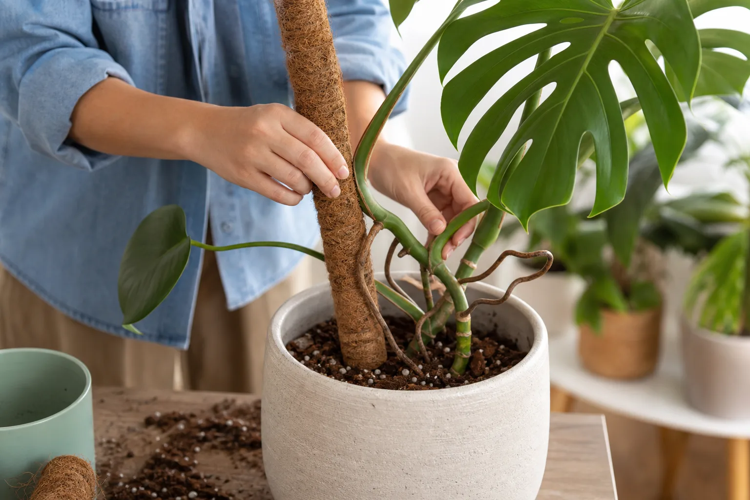 Moss pole anchored in a Monstera pot during repotting for climbing support