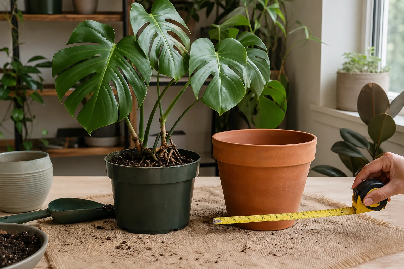 Choosing the next Monstera pot size one increment wider than the current container