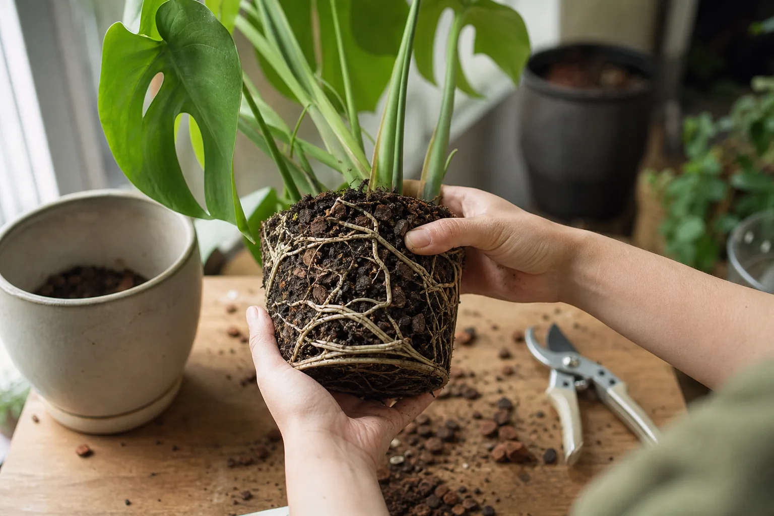 Root-bound houseplant root ball with dense circling roots visible after sliding out of the pot