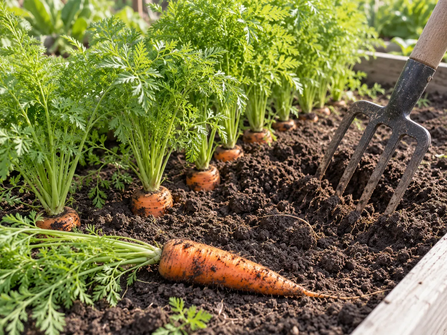 A garden fork loosens soil beside growing carrots before a root is lifted