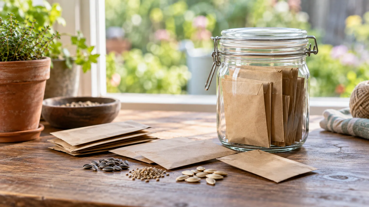 Seed packets and a sealed glass jar of saved seeds on a garden table.