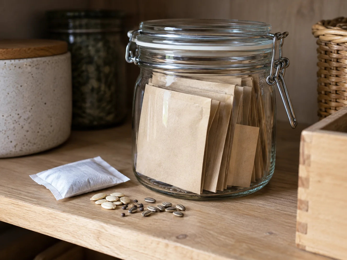 Dry seed packets stored in a sealed jar beside a desiccant packet.
