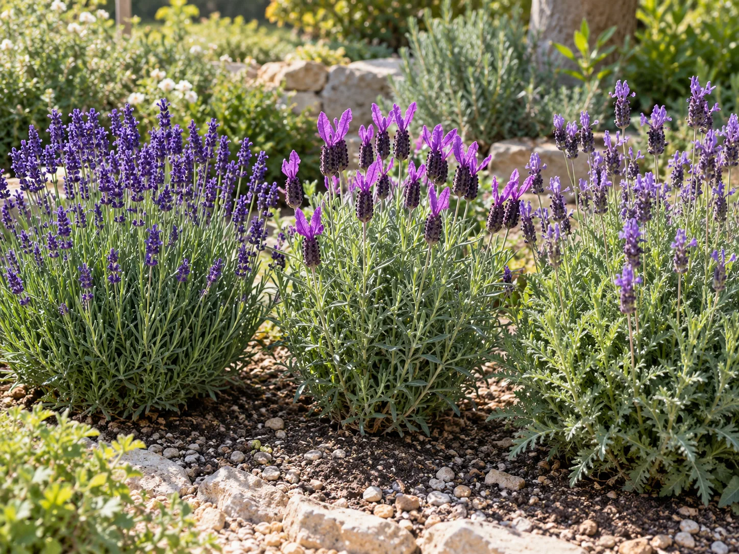 English, Spanish, and French lavender flowering side by side with distinct spike shapes and foliage
