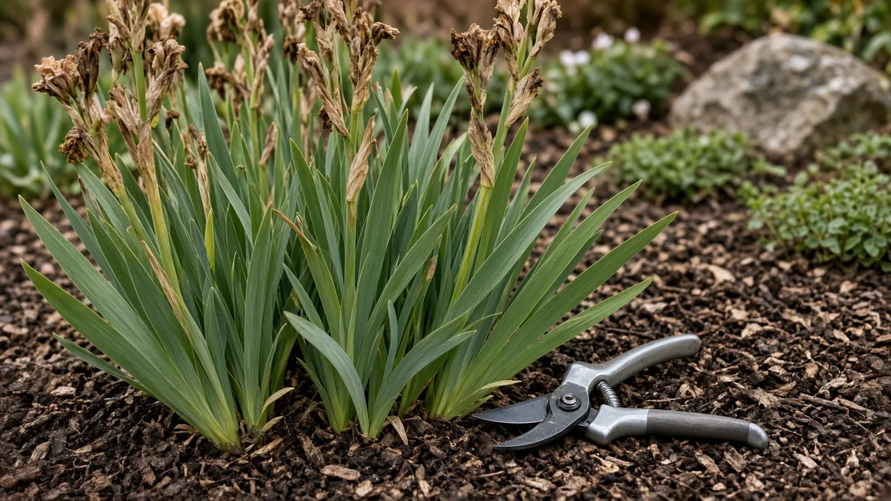 Late-autumn perennial bed with pruners beside plants trimmed for winter