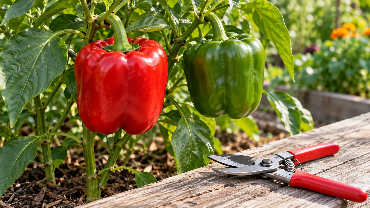 Red and green bell peppers hang over clean bypass pruners ready for a careful stem cut