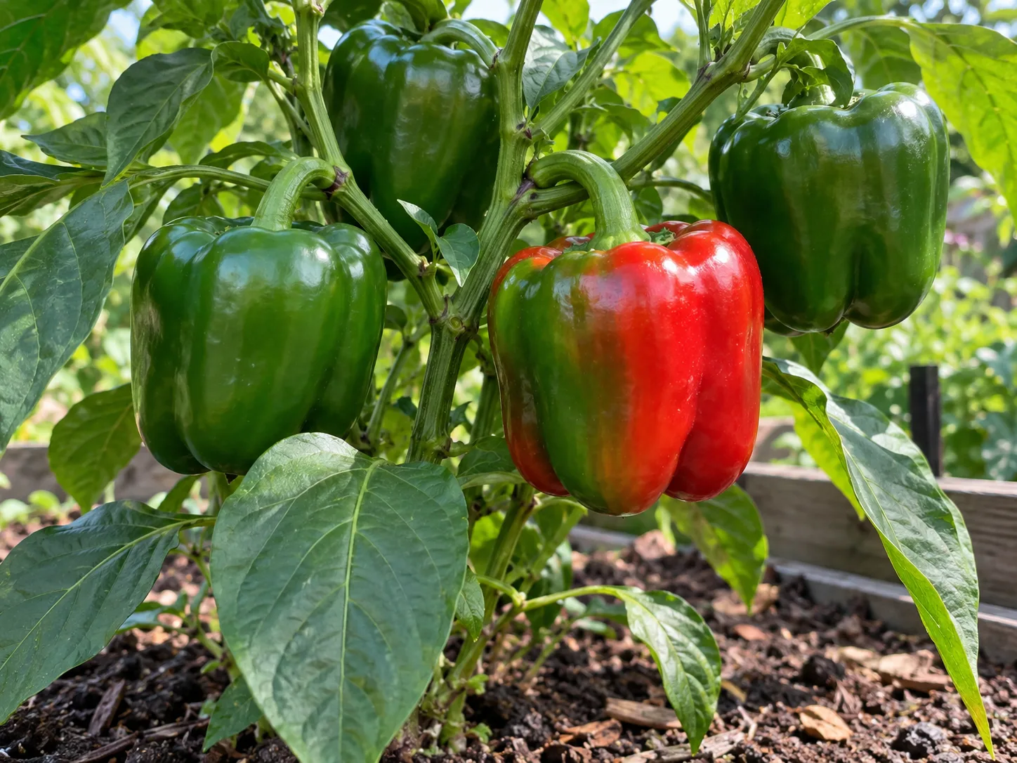 Firm green and color-changing bell peppers on a plant show two harvest stages
