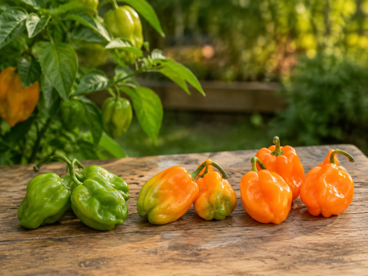 Habanero peppers ripening from green to orange and red on the plant