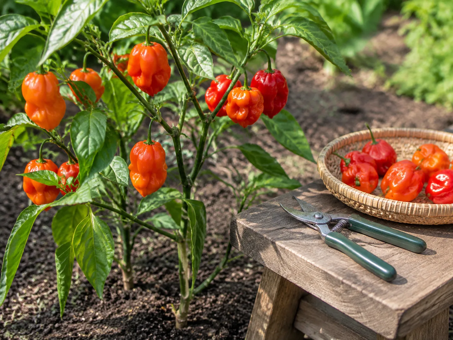 Healthy habanero plant with ripe peppers, clean garden snips, and a basket of harvested fruit