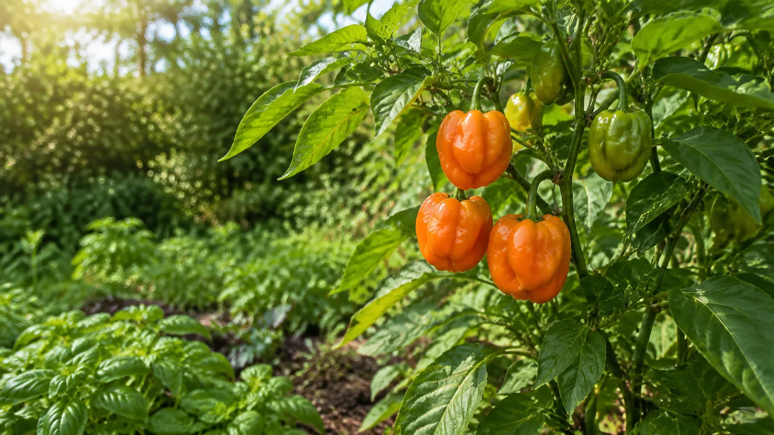 Ripe orange habanero peppers glowing on a healthy garden plant beside developing green fruit