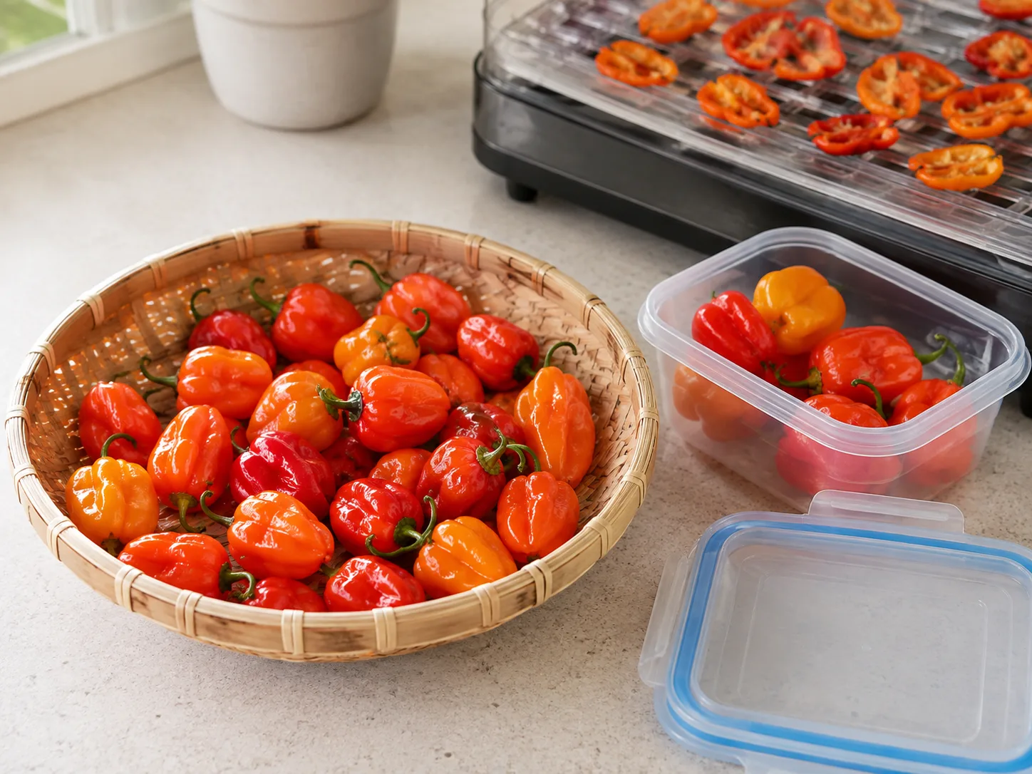 Fresh ripe habanero peppers sorted beside a freezer container and dehydrator tray for preservation
