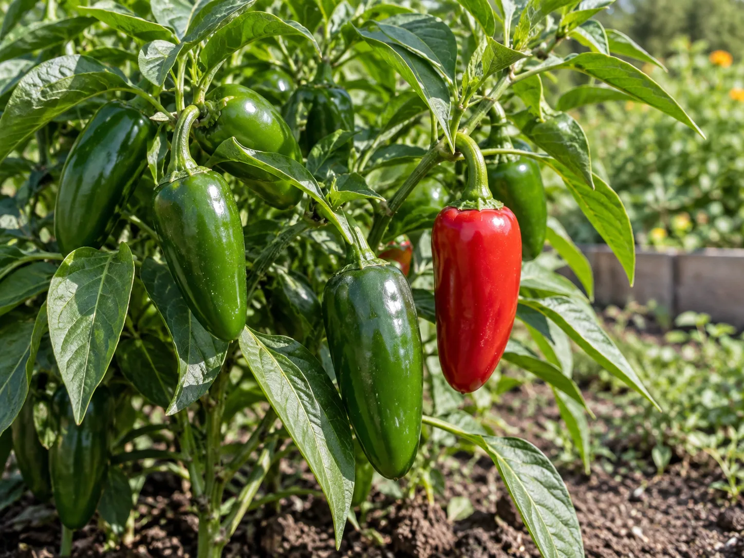 A jalapeño plant showing firm peppers at different stages of ripeness